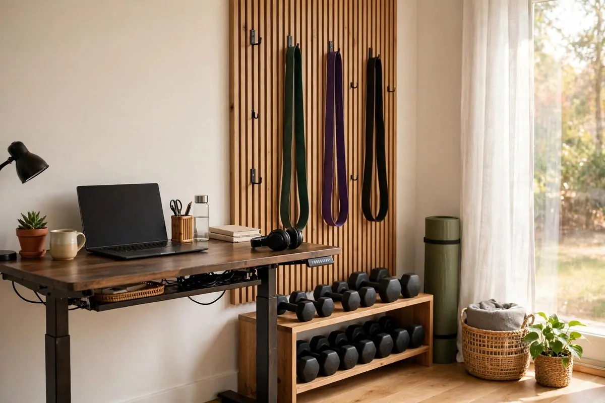 21 Small Workout Space at Home Setups That Actually Work 16 A home office corner that doubles as a workout space with the desk pushed aside, a rolled mat, dumbbells on a low shelf and bands on wall hooks