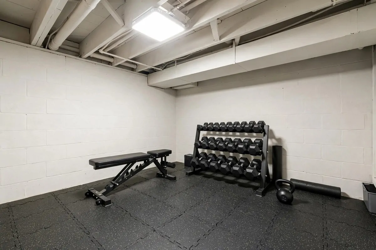 21 Small Workout Space at Home Setups That Actually Work 18 A basement corner workout nook with interlocking rubber tiles, an adjustable bench, a dumbbell rack and a bright overhead light