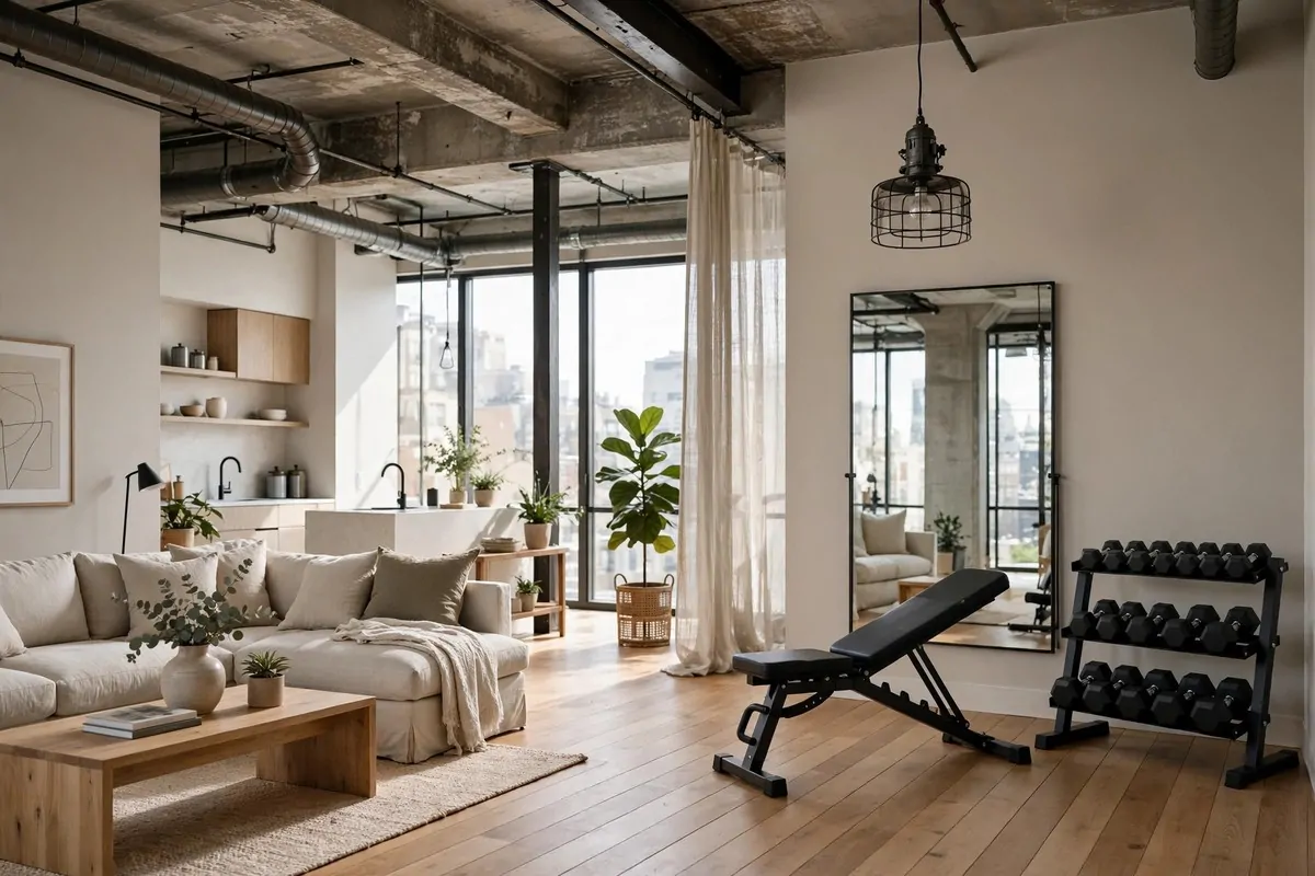 21 Small Workout Space at Home Setups That Actually Work 19 An open-plan living space with a minimal loft-style workout corner, one bench, a black dumbbell rack, a large wall mirror and an industrial pendant light