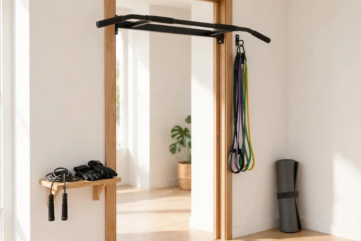 21 Small Workout Space at Home Setups That Actually Work 20 A doorway with a mounted pull-up bar, resistance bands hanging beside the frame and a rolled mat in the corner