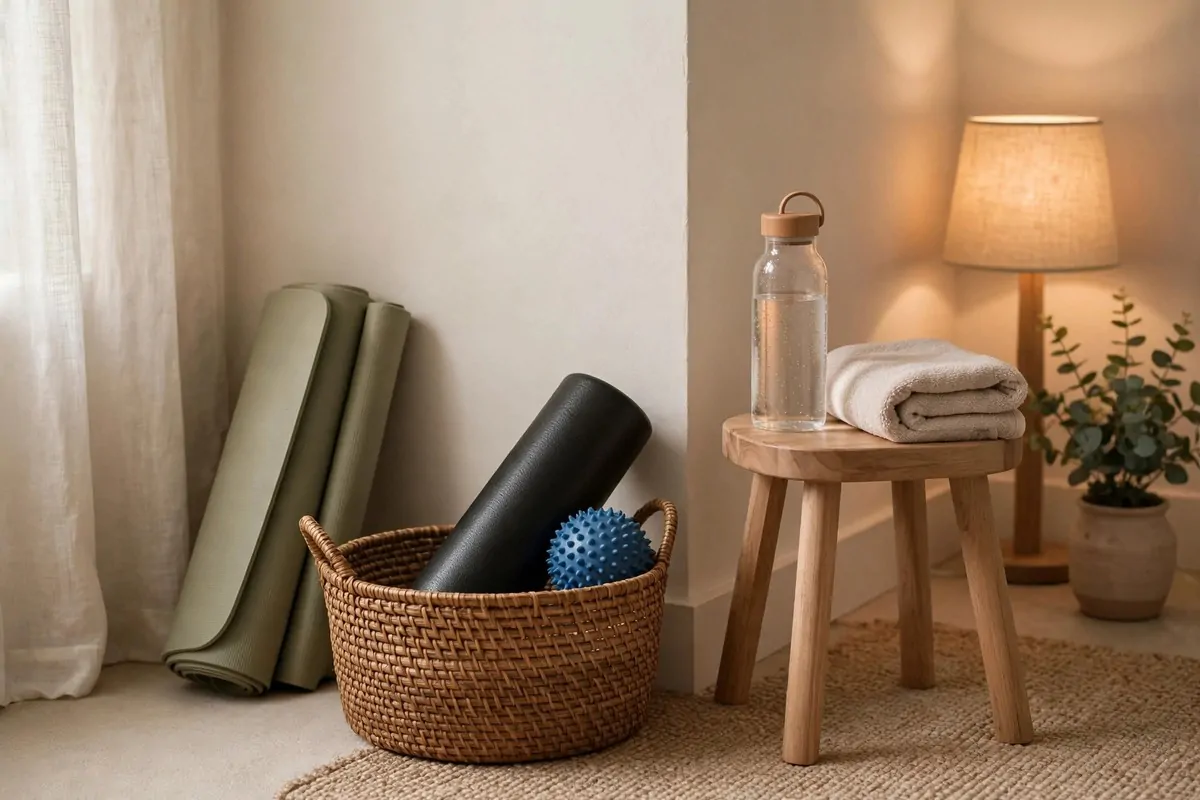 21 Small Workout Space at Home Setups That Actually Work 21 A quiet room corner set up for recovery with a foam roller and massage ball in a basket, a folded mat, a small stool with a water bottle and towel