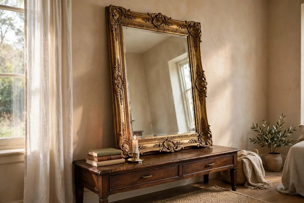 21 Thrifted Home Decor Finds That Look High-End 1 Ornate vintage gold-framed mirror leaned against a living room wall