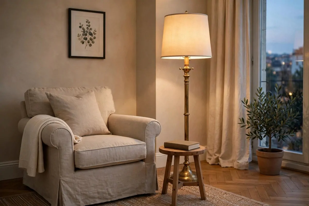 21 Thrifted Home Decor Finds That Look High-End 2 Vintage brass floor lamp with cream drum shade in a reading corner
