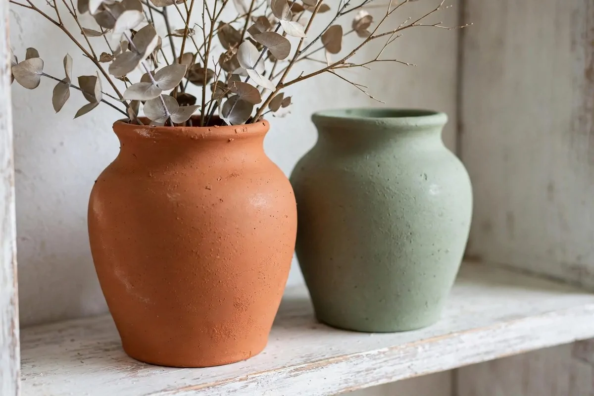 21 Thrifted Home Decor Finds That Look High-End 3 Spray-painted terracotta and sage ceramic vases with dried eucalyptus