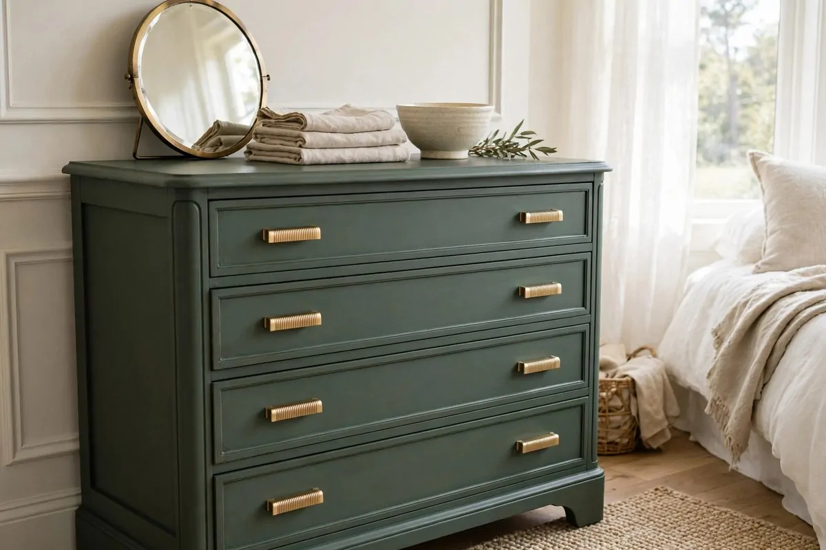 21 Thrifted Home Decor Finds That Look High-End 5 Refinished sage green wood dresser with brass drawer pulls