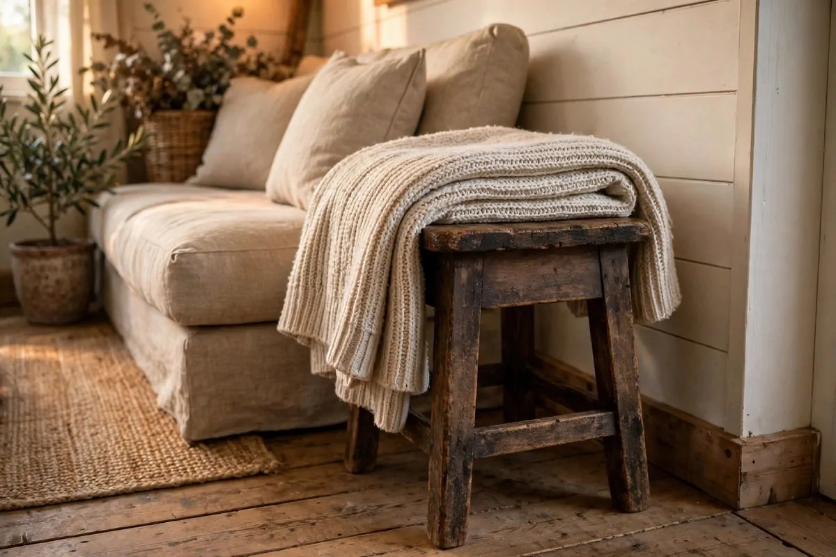 21 Thrifted Home Decor Finds That Look High-End 6 Weathered wooden stool with aged finish beside a sofa