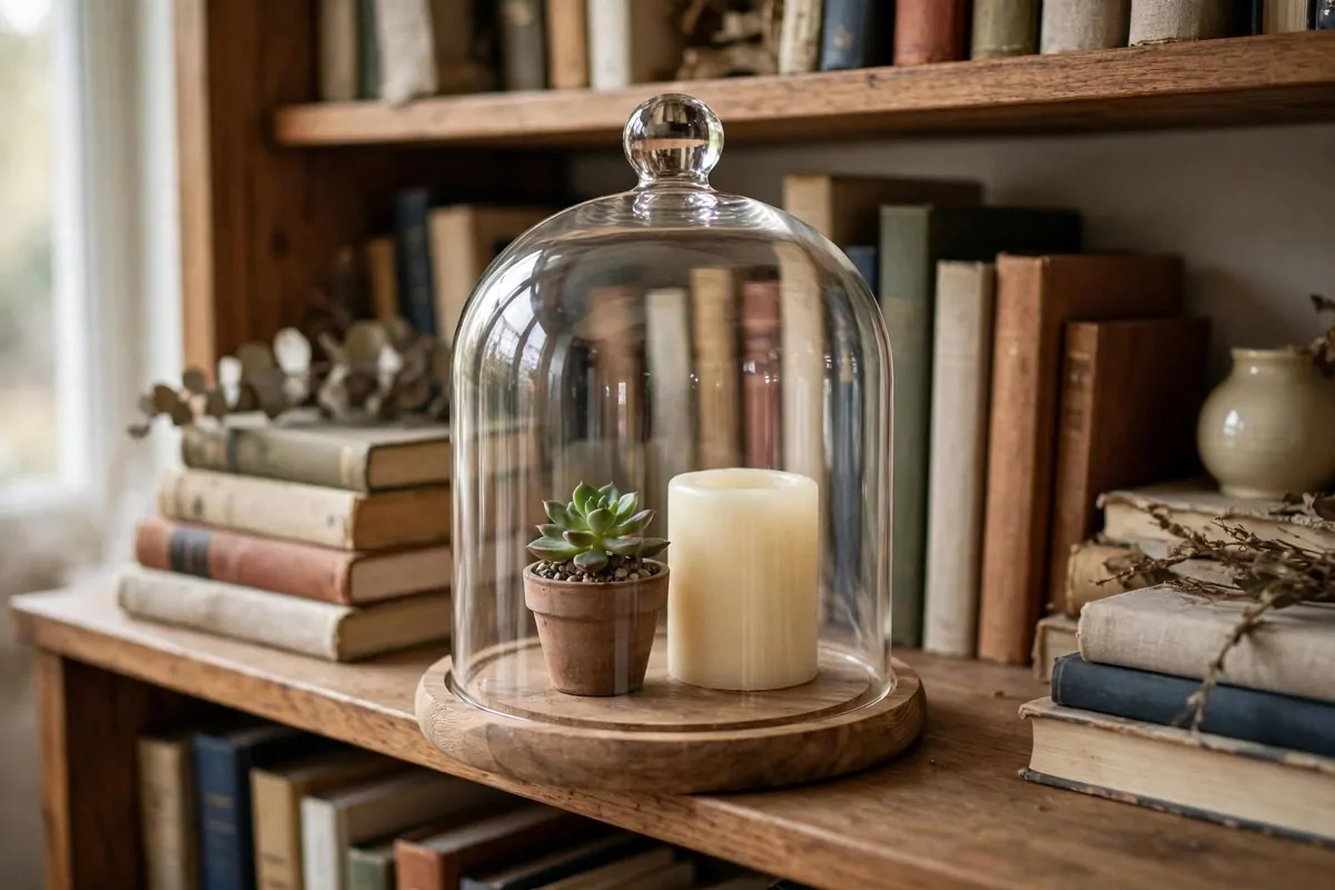 21 Thrifted Home Decor Finds That Look High-End 7 Glass cloche dome over a styled vignette on a bookshelf
