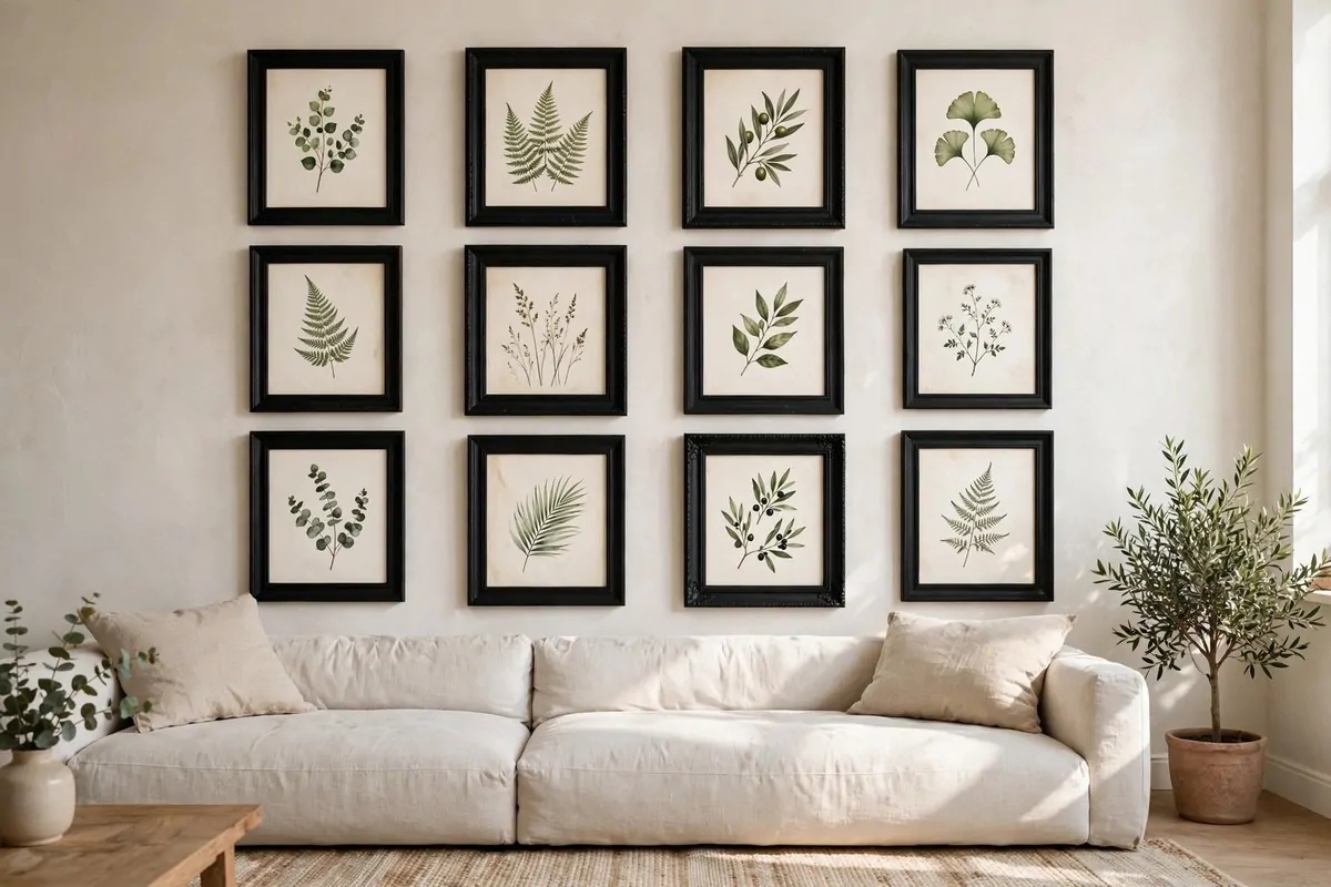 21 Thrifted Home Decor Finds That Look High-End 8 Gallery wall of black frames with botanical prints above a sofa