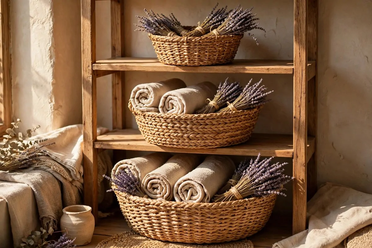 21 Thrifted Home Decor Finds That Look High-End 9 Natural woven baskets styled on open shelves