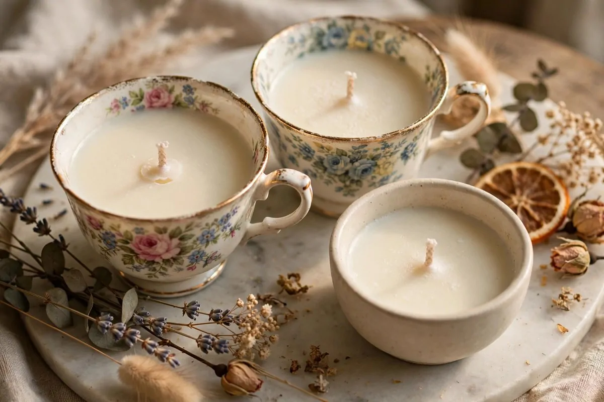 21 Thrifted Home Decor Finds That Look High-End 11 Handmade candles in vintage thrifted teacups on a marble tray