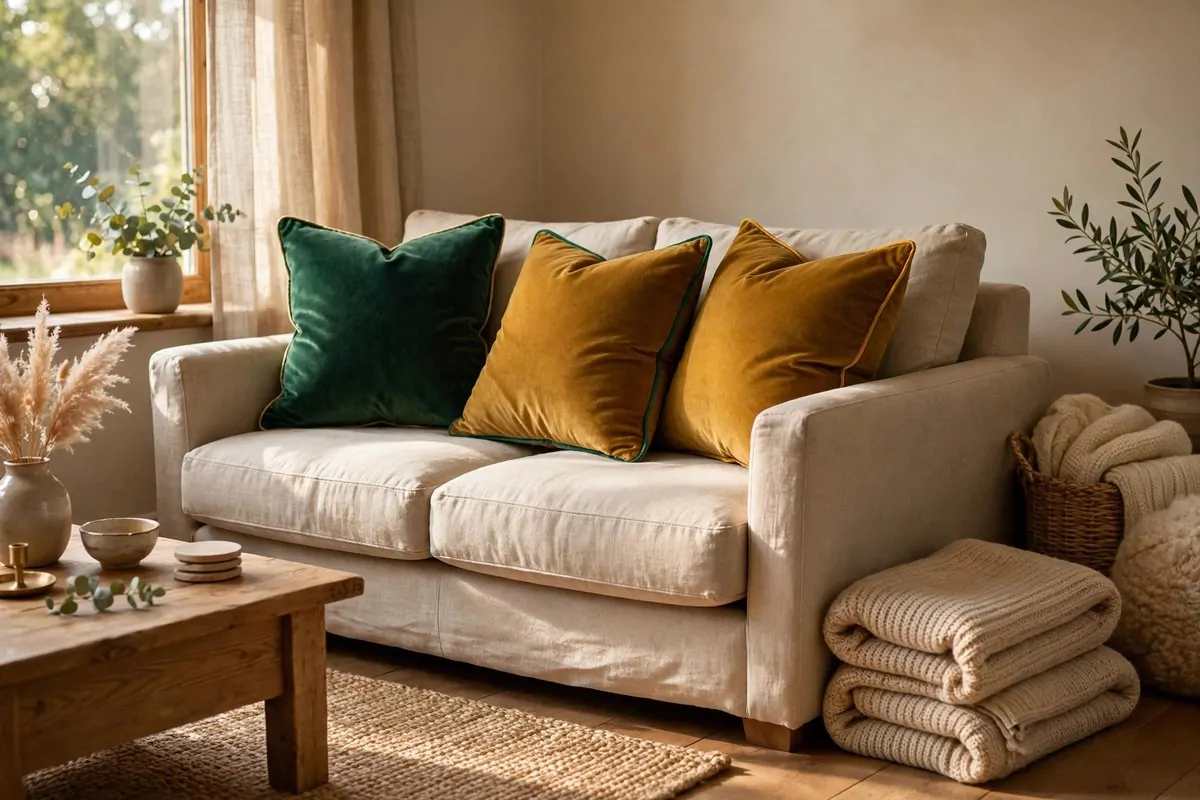 21 Thrifted Home Decor Finds That Look High-End 12 Velvet throw pillows in jewel tones on a linen sofa