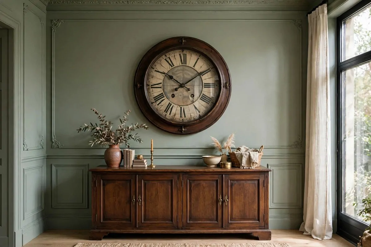 21 Thrifted Home Decor Finds That Look High-End 13 Large vintage statement wall clock on a sage green wall