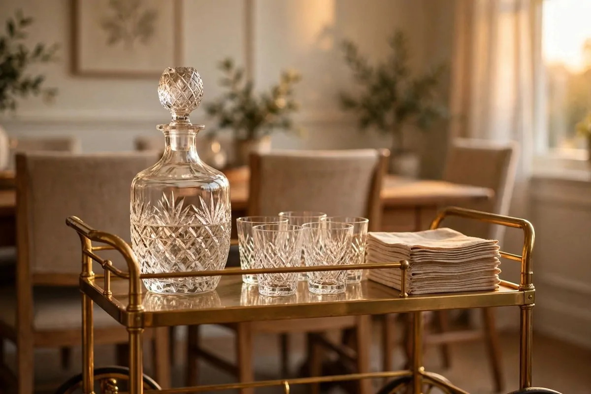 21 Thrifted Home Decor Finds That Look High-End 14 Cut-glass decanter set styled on a brass bar cart