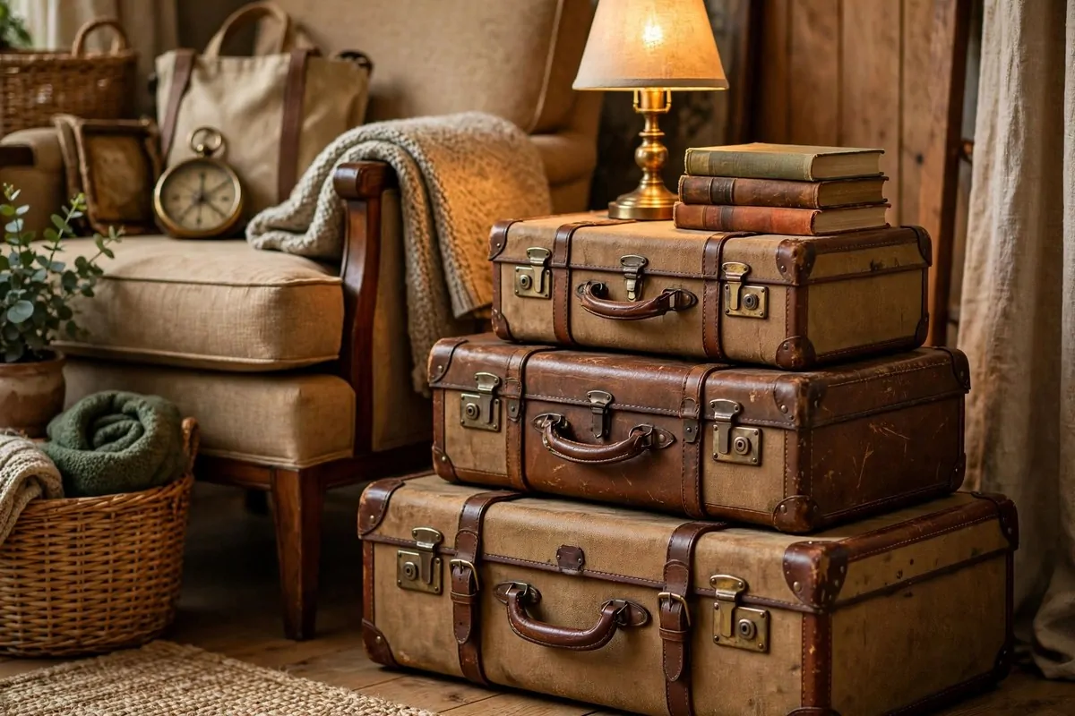 21 Thrifted Home Decor Finds That Look High-End 16 Stack of vintage suitcases used as a side table