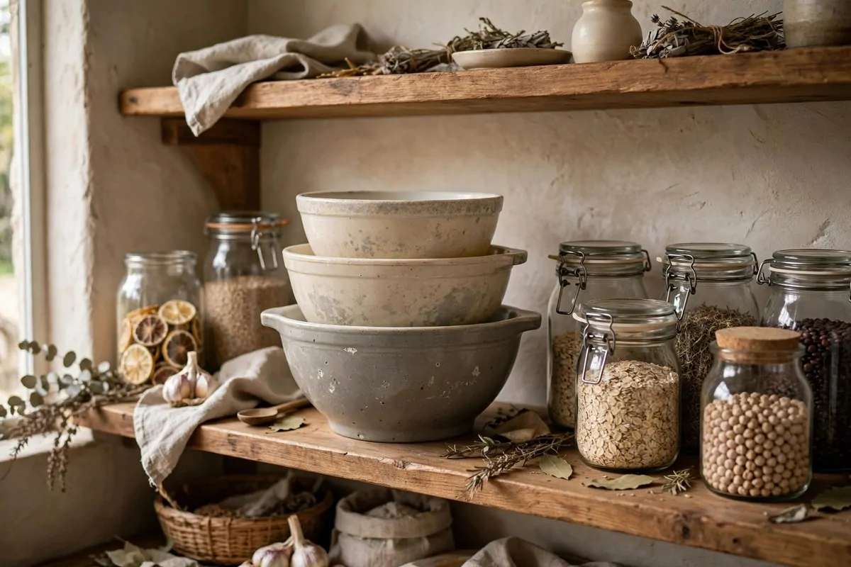 21 Thrifted Home Decor Finds That Look High-End 17 Stoneware bowls arranged on open kitchen shelves