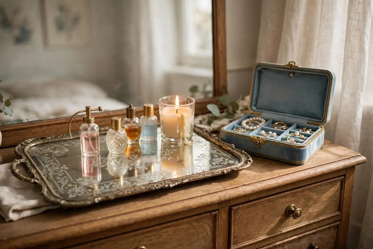 21 Thrifted Home Decor Finds That Look High-End 18 Mirrored tray with perfume bottles and candle on a dresser