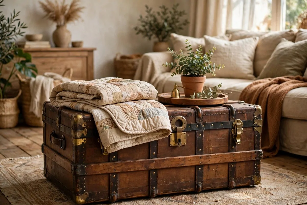 21 Thrifted Home Decor Finds That Look High-End 19 Vintage steamer trunk styled as a coffee table