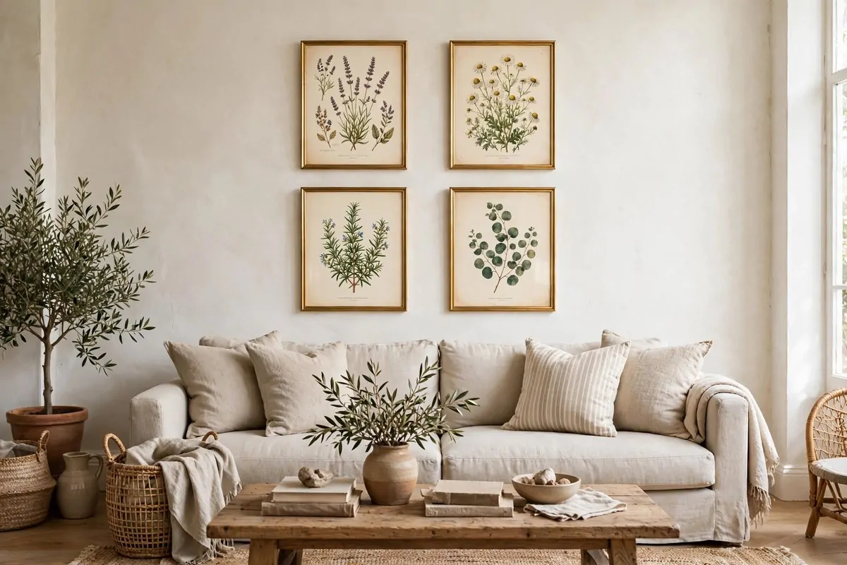 21 Thrifted Home Decor Finds That Look High-End 20 Framed vintage botanical prints above a sofa