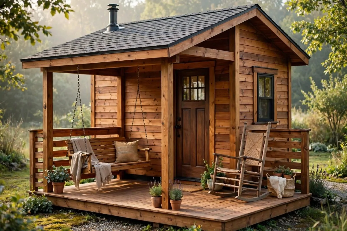 Tiny home front porch with wooden swing and rocking chair