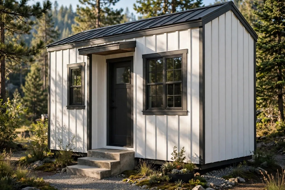 Tiny home with white vertical board-and-batten siding and dark window frames