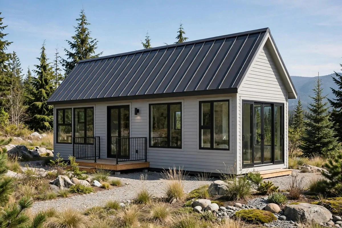 Modern tiny home with a dark standing-seam metal roof