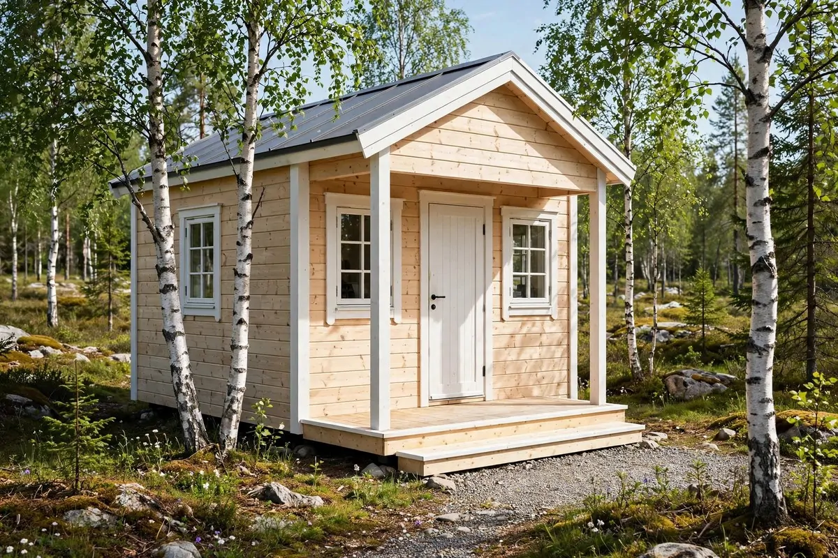 Scandinavian tiny home with pale wood siding and white trim