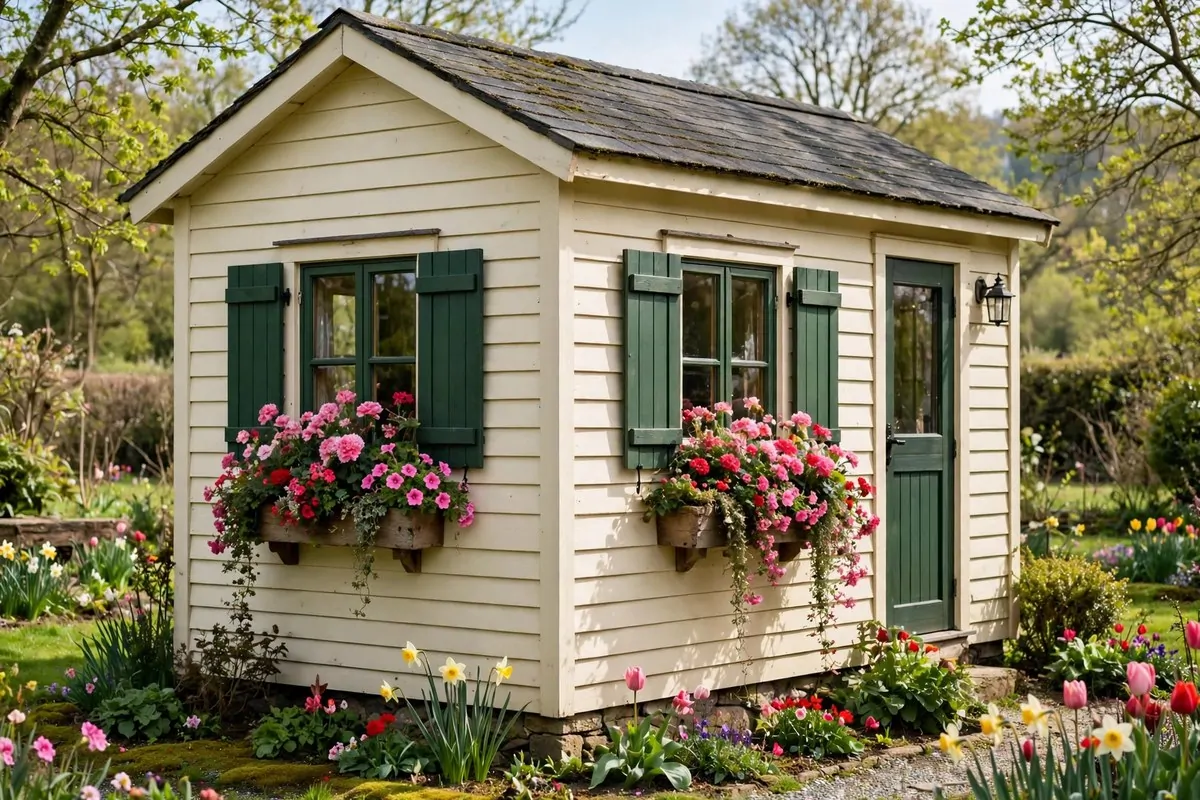 Tiny home windows with wooden flower boxes full of pink and red flowers