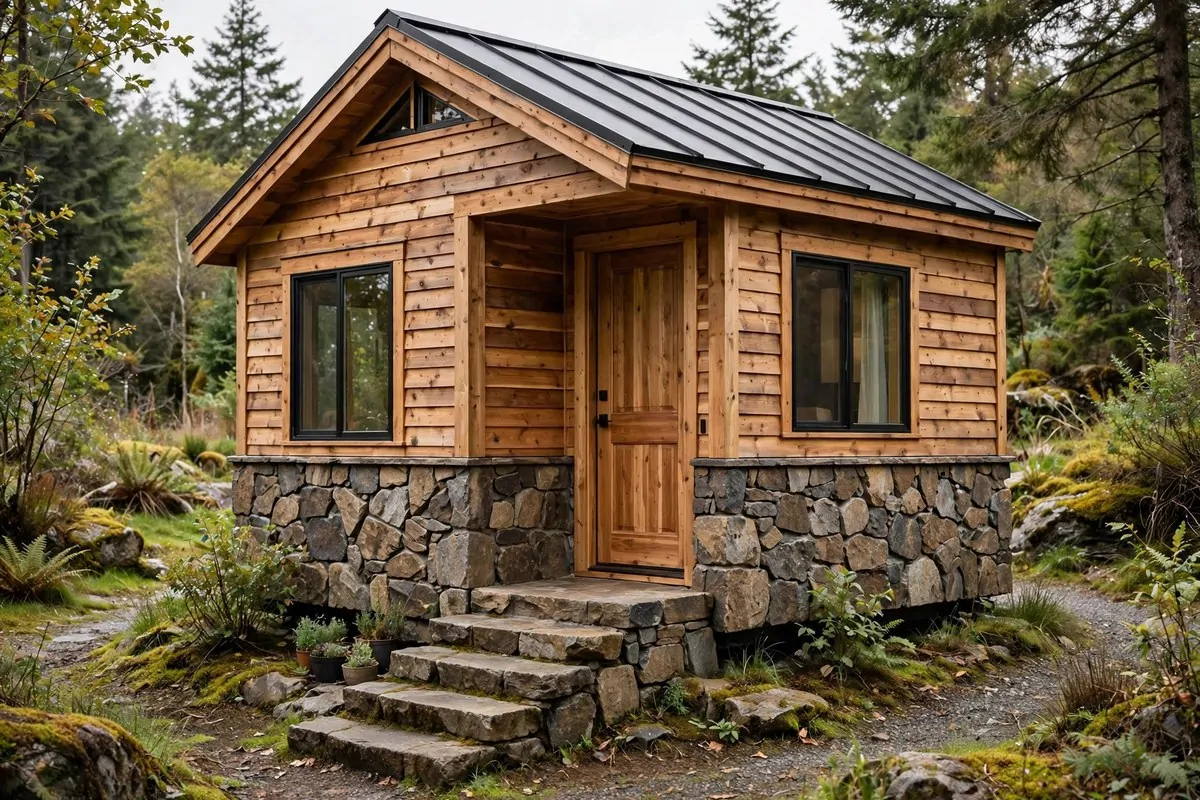 Tiny home with stone veneer lower half and cedar siding upper half