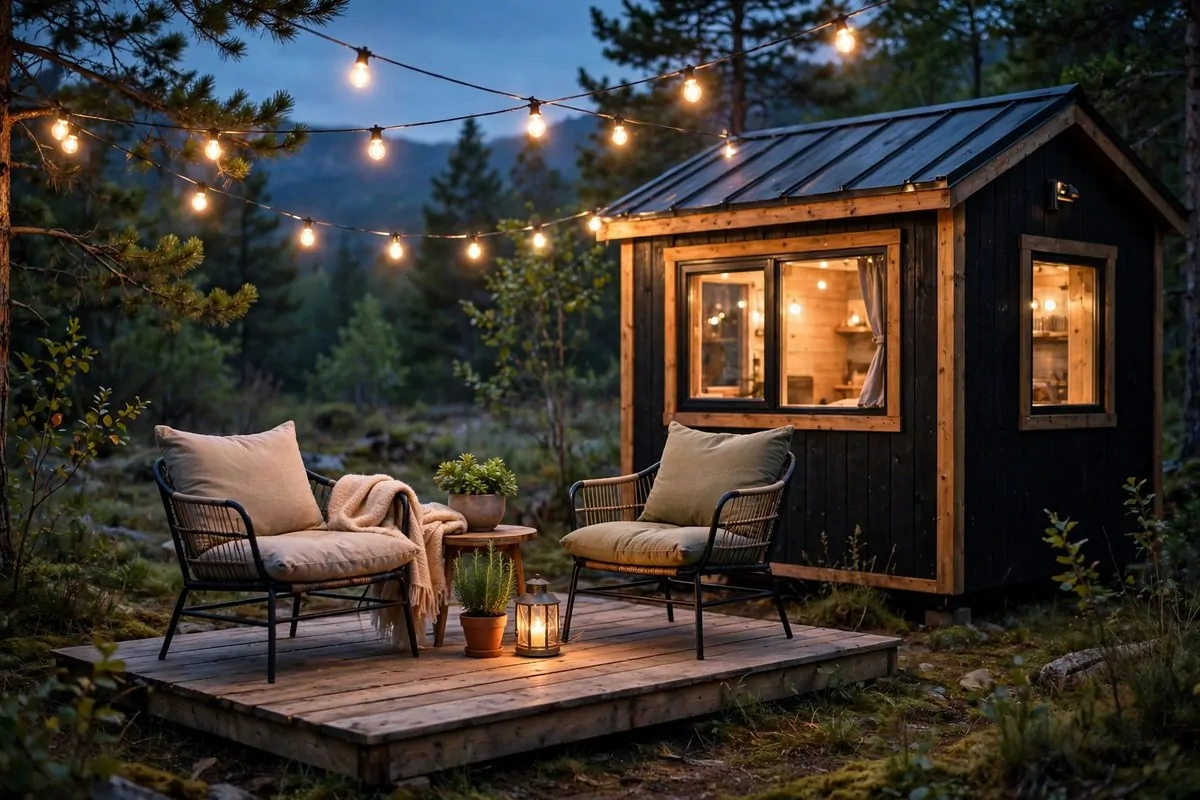 Tiny home deck at dusk with warm string lights overhead