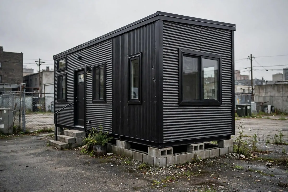 Industrial tiny home with dark corrugated metal siding