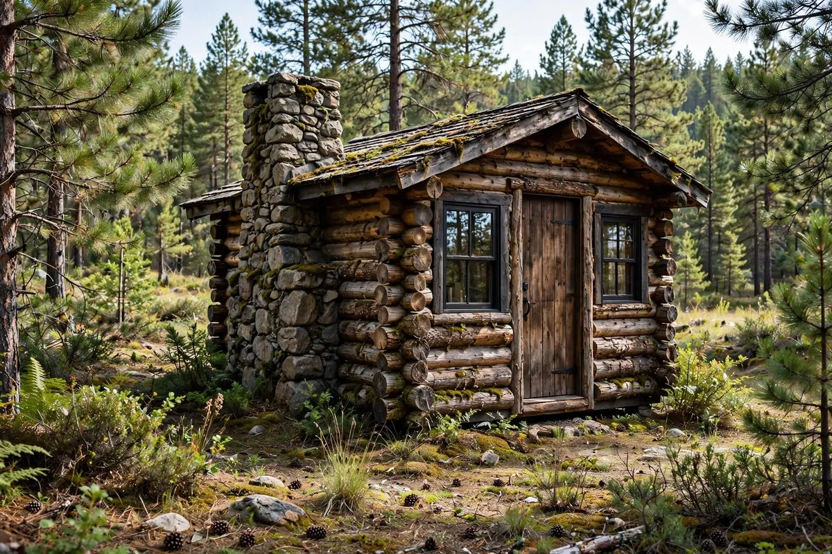 Rustic log cabin tiny home in the forest clearing