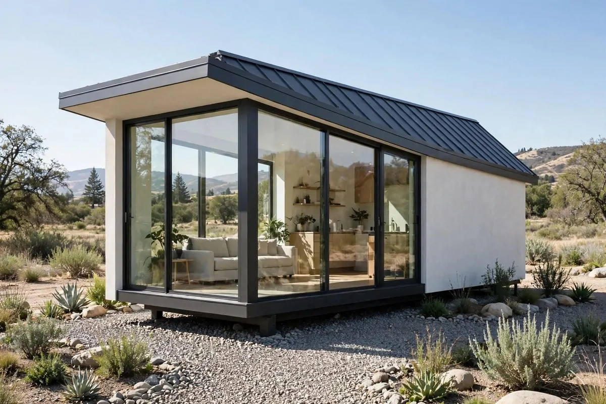 Modern tiny home with a single-slope shed roof and tall glass windows