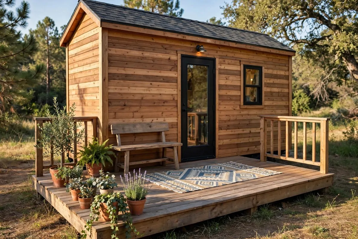 Tiny home deck with a patterned outdoor rug and potted plants