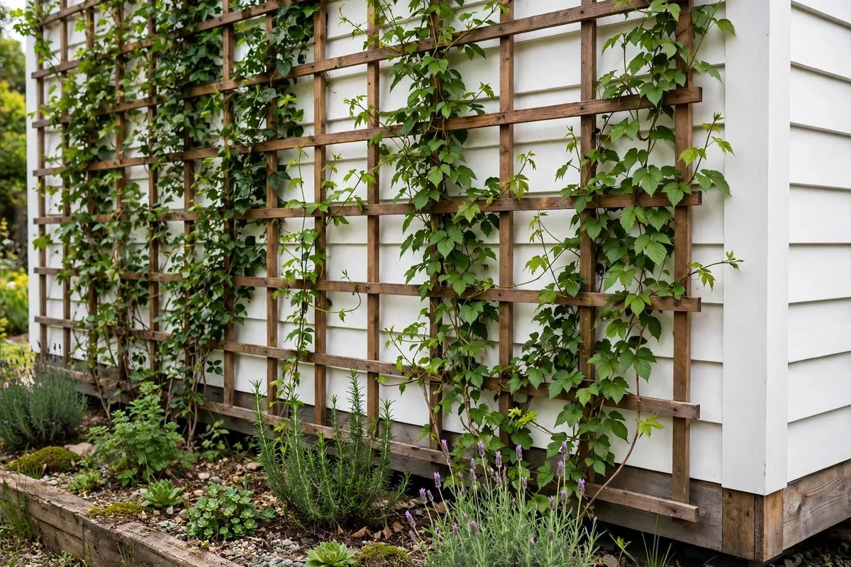 Tiny home wall with climbing vines growing on a wooden trellis
