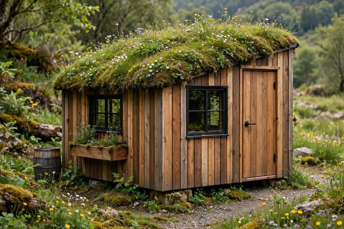 Tiny home with a living green roof of grass and wildflowers