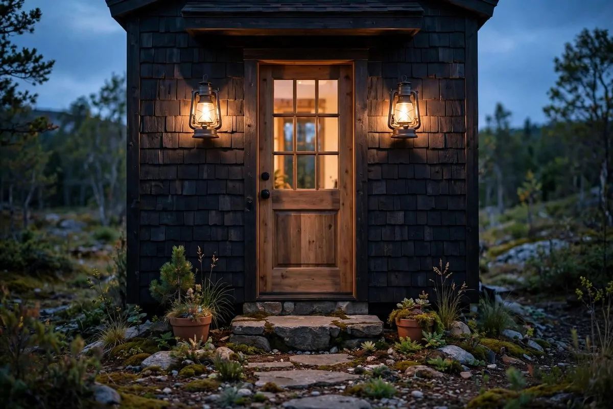 Tiny home entry glowing with vintage lantern wall lights at dusk