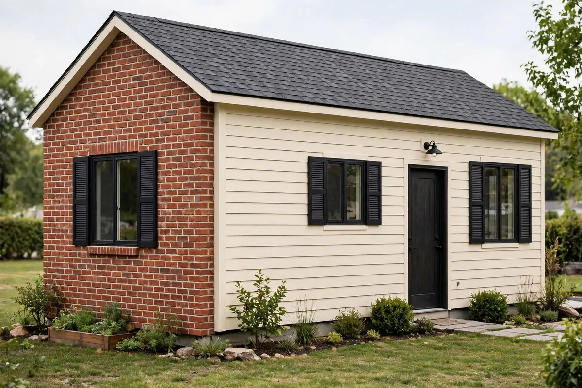 Tiny home with a warm red brick accent wall and black shutters