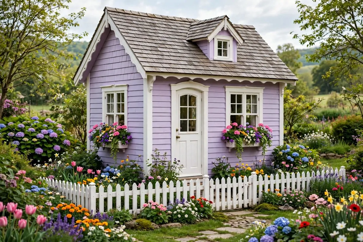 Pastel lavender cottage tiny home with white trim and picket fence