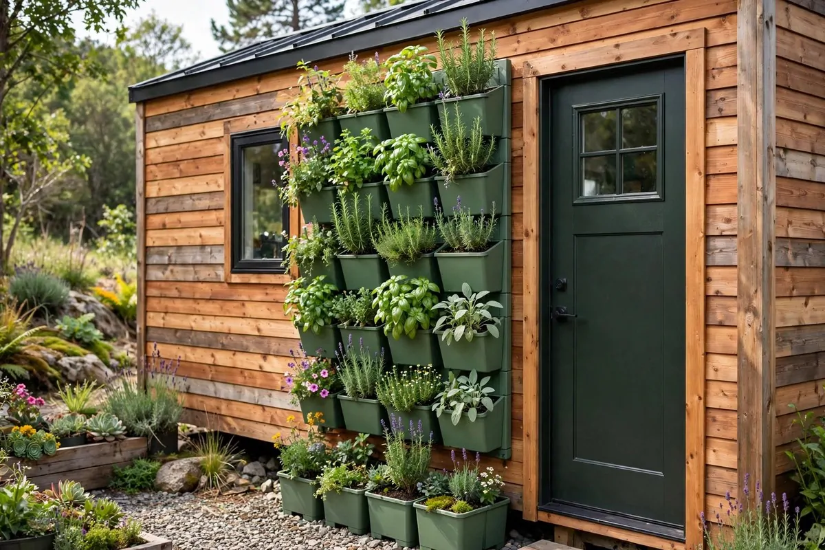 Tiny home with a vertical garden wall of herbs and flowers by the door