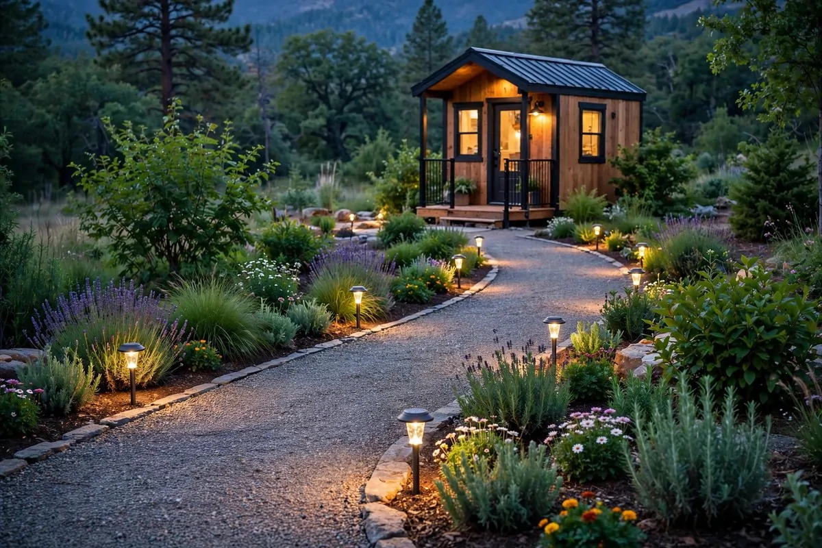 Gravel path to a tiny home lined with glowing solar path lights at dusk