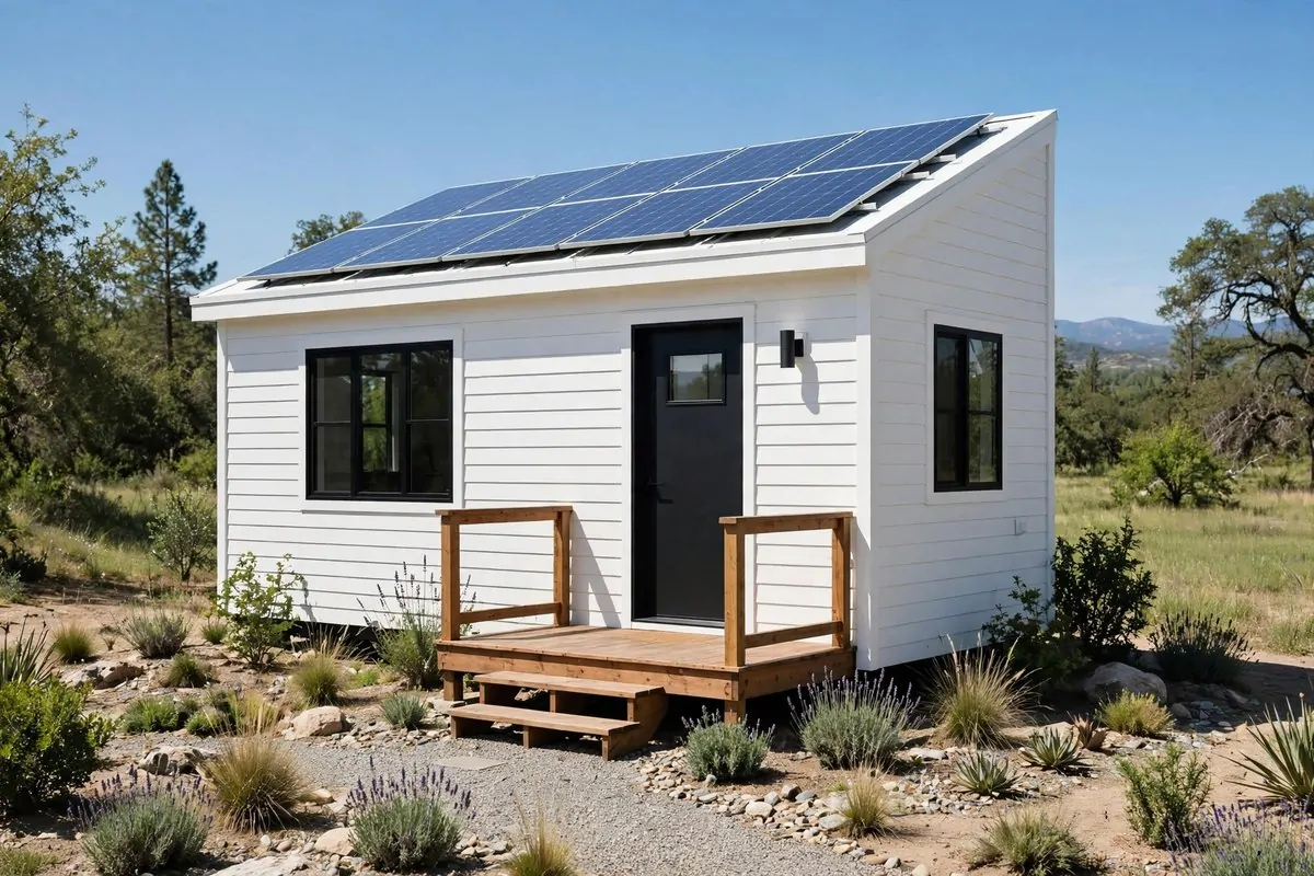 Modern tiny home with solar panels on the roof under a blue sky