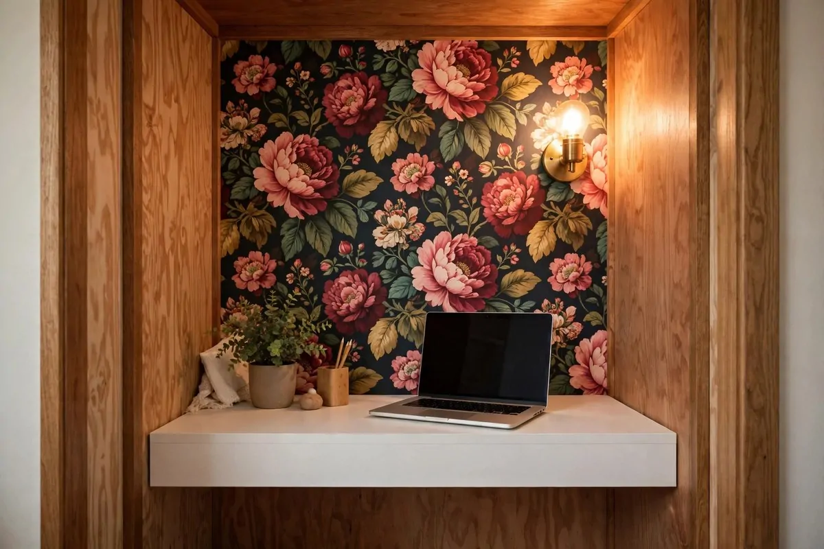 21 Walk in Closet Office Ideas That Feel Like a Boutique Studio 1 Walk in closet office with bold floral wallpaper on the back wall and a white floating desk