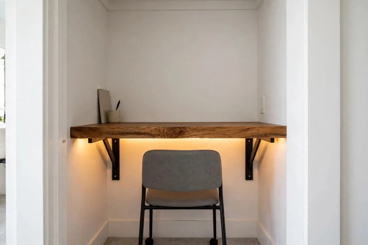 21 Walk in Closet Office Ideas That Feel Like a Boutique Studio 2 Small closet office with floating wooden desk, no legs, and warm LED under-shelf lighting