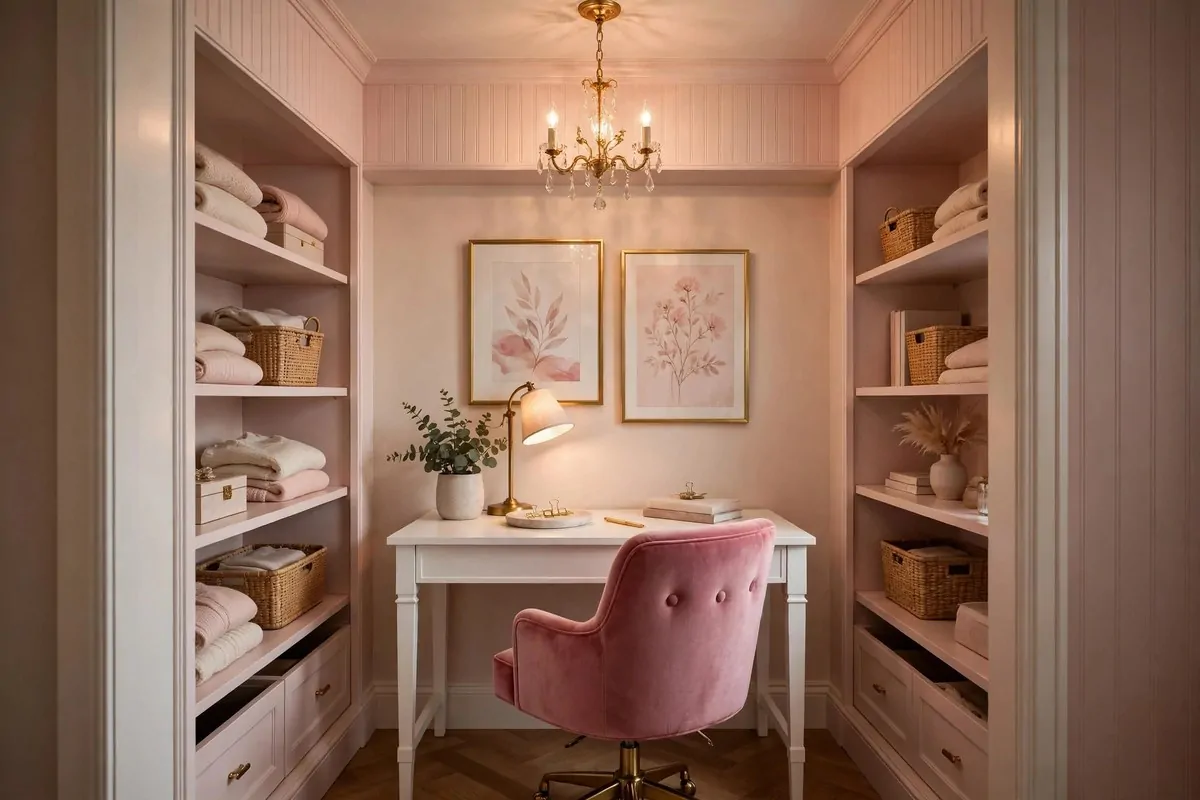 21 Walk in Closet Office Ideas That Feel Like a Boutique Studio 3 Boutique style walk in closet office with a small gold chandelier above a pink velvet chair