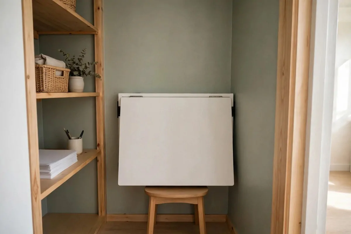 21 Walk in Closet Office Ideas That Feel Like a Boutique Studio 4 White fold down wall mounted desk in a small closet office, folded flat against a sage wall