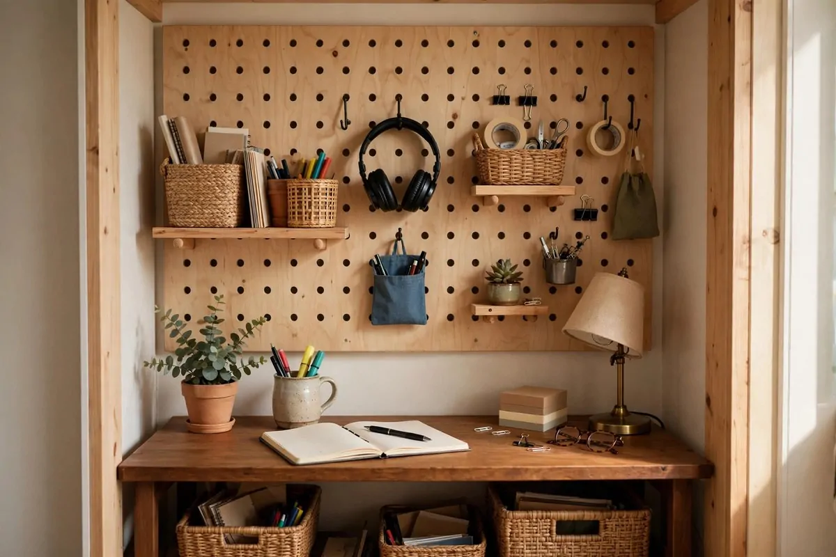 21 Walk in Closet Office Ideas That Feel Like a Boutique Studio 5 Closet office with a large wooden pegboard wall holding shelves, baskets and supplies