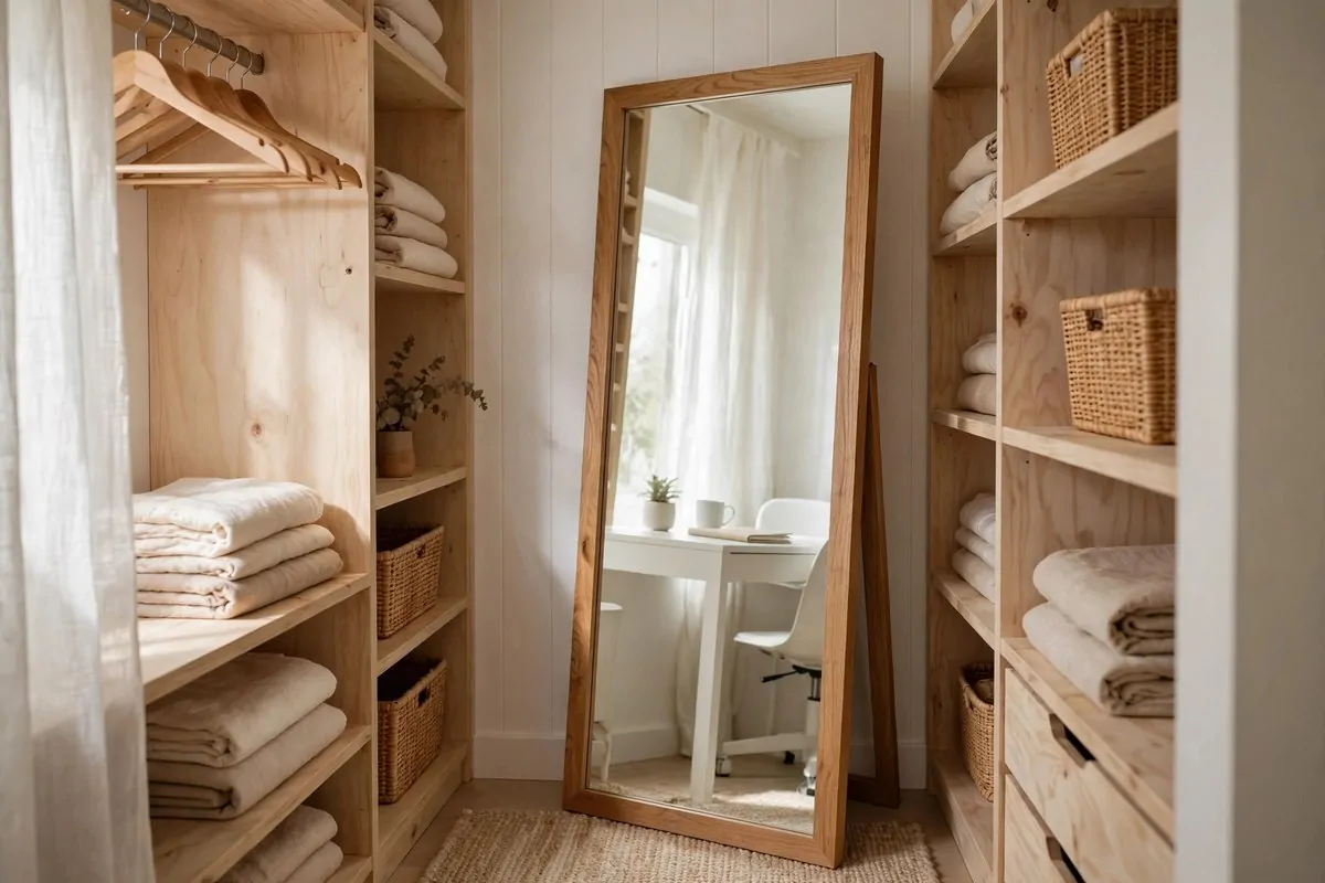 21 Walk in Closet Office Ideas That Feel Like a Boutique Studio 6 Small walk in closet office with a tall mirror on the back wall reflecting a white desk
