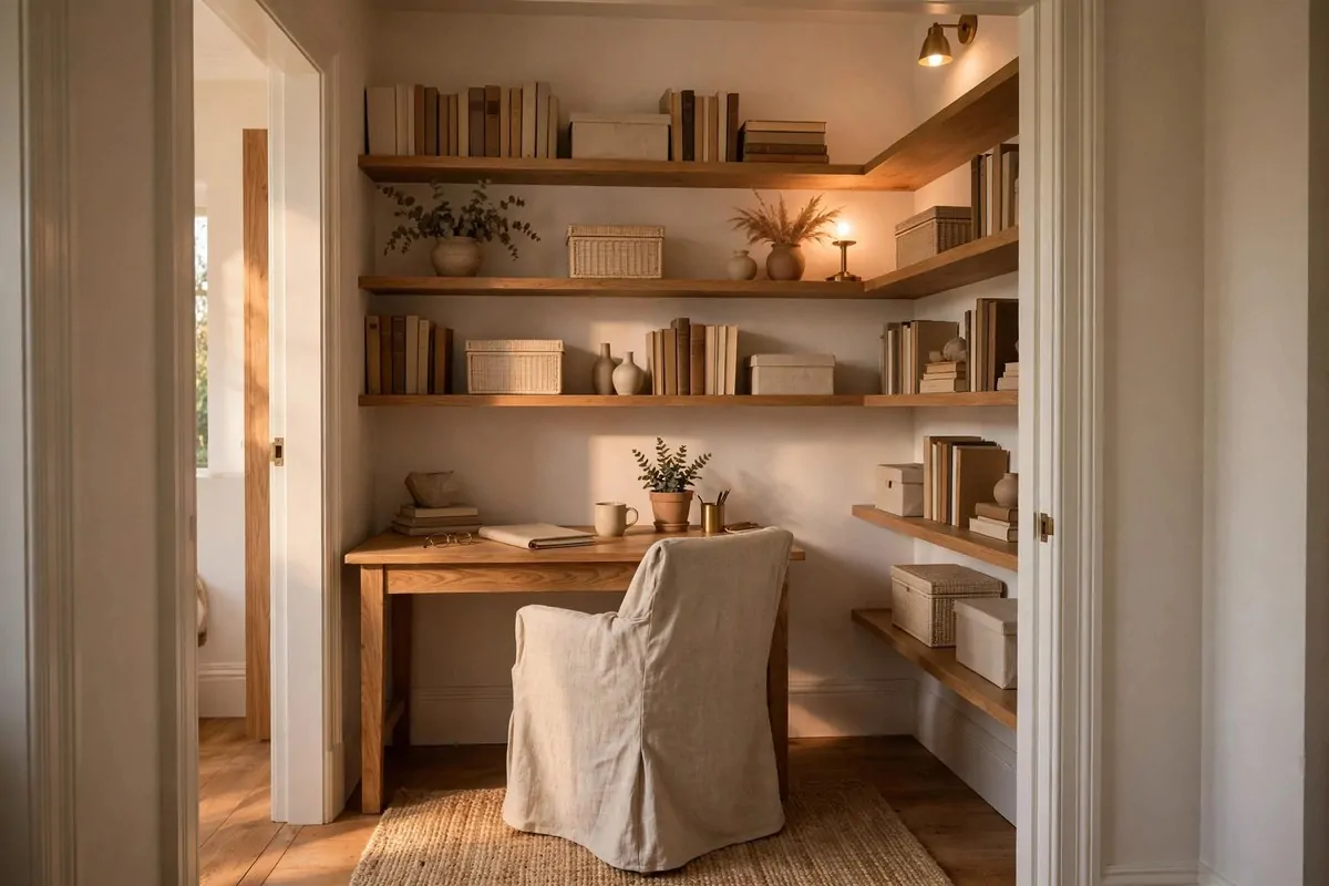 21 Walk in Closet Office Ideas That Feel Like a Boutique Studio 7 Open walk in closet office with no doors, showing styled shelves and a linen chair