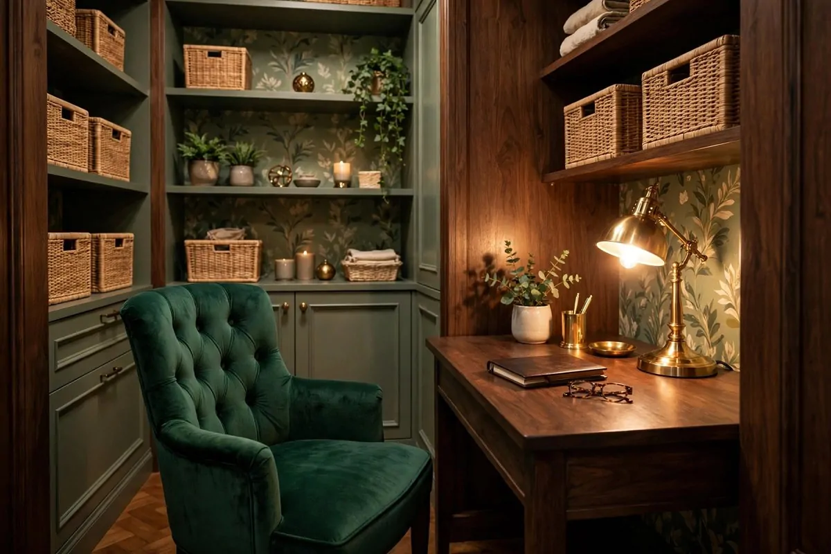21 Walk in Closet Office Ideas That Feel Like a Boutique Studio 8 Boutique closet office with an emerald velvet desk chair and brass desk lamp