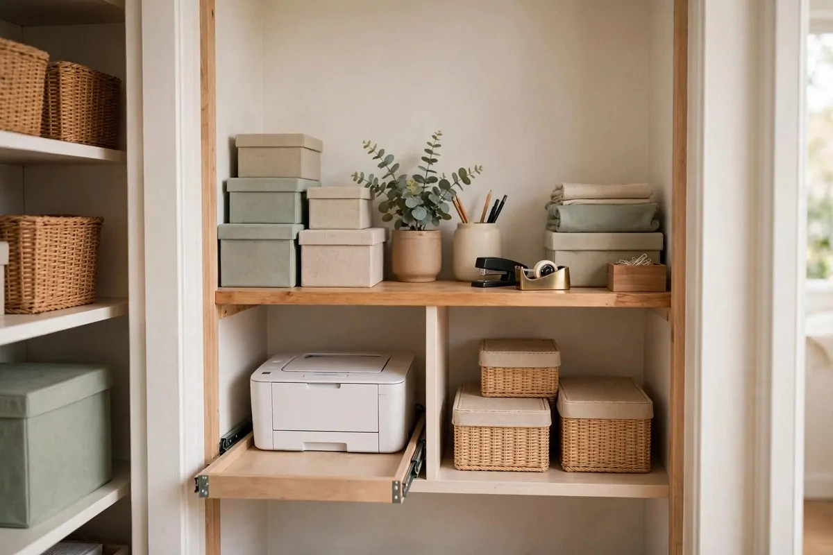 21 Walk in Closet Office Ideas That Feel Like a Boutique Studio 9 Hidden printer inside a closet office cubby with a pull out shelf